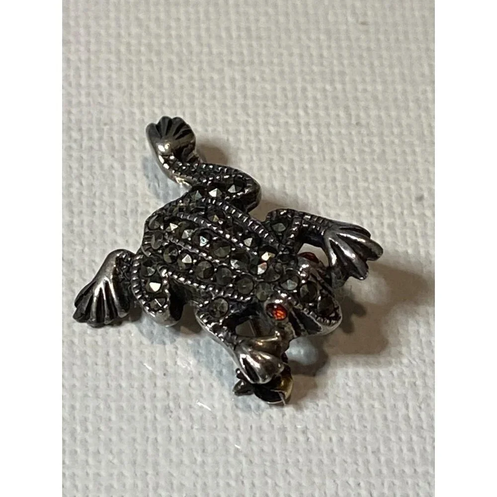 Vintage Two Silver‎ Marcasite Frog Pins with Red Glass Eyes